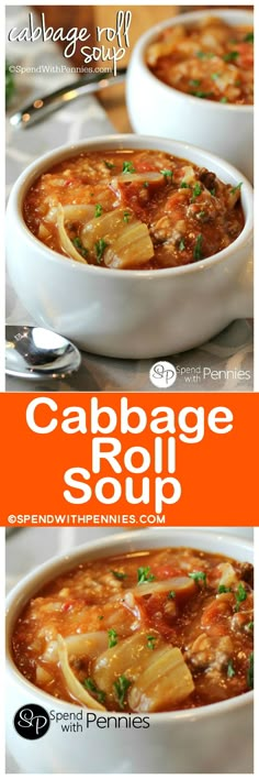 cabbage roll soup in a white bowl with spoons