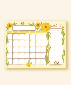 a calendar with sunflowers on it and the word goal is written in red