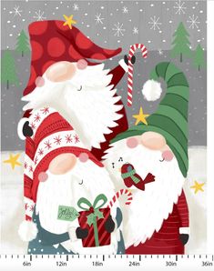 two christmas gnomes standing next to each other with candy canes in their hands