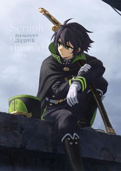 an anime character sitting on top of a stone wall with his arm around the head