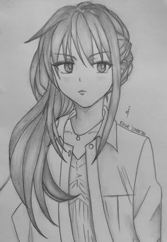 a drawing of a girl with long hair wearing a shirt and tie, looking at the camera