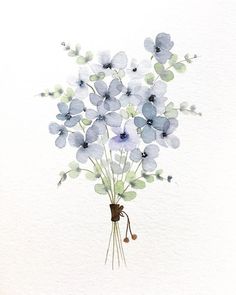 a watercolor painting of blue flowers in a vase on a white background, with the stems still attached