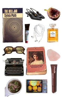 an assortment of items that include sunglasses, books, and other things to make up the image