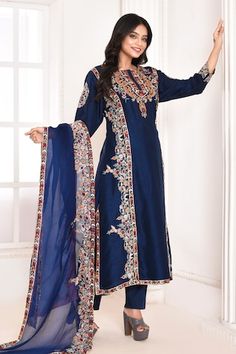 Navy blue straight kurta with multi color floral bloom embroidery. Paired with a pant and dupatta with floral embroidered border. - Aza Fashions Elegant Embroidered Salwar Kameez With Straight Pants, Blue Pants With Resham Embroidery For Festive Occasions, Festive Blue Pants With Resham Embroidery, Festive Blue Pants With Floral Embroidery, Blue Pants For Festive Eid Celebration, Festive Blue Pants For Eid, Blue Traditional Festive Pants, Traditional Blue Pants For Festive Occasions, Traditional Blue Pants For Festive Season