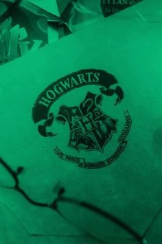 the hogwart's crest is seen through some branches in front of a green background