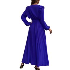 Blue V Neck Pleated Tie Waist Swing Maxi Dress Blue Pleated Maxi Dress For Fall, Blue Solid Color Maxi Dress For Fall, Blue Maxi Dress For Work In Fall, Blue Maxi Dress For Workwear In Fall, Royal Blue Long Sleeve Maxi Dress For Spring, Casual Blue Pleated Maxi Dress, Blue V-neck Maxi Dress With Buttons, Modest Blue V-neck Maxi Dress, Indigo V-neck Maxi Dress For Spring