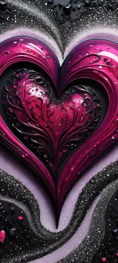 a heart shaped painting with water droplets on it's surface and the colors are black, purple, and pink