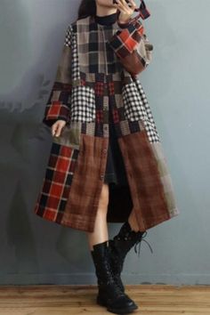 #quilted #coat #tartan #checkers Long Patchwork Outerwear For Work, Fall Patchwork Outerwear With Stand Collar, Casual Long Outerwear With Button Closure, Long Cotton Outerwear With Buttons, Plaid Patchwork Button-up Outerwear, Vintage Long Patchwork Outerwear, Brown Cotton Outerwear, Oversized Patchwork Outerwear For Fall, Brown Long Patchwork Outerwear