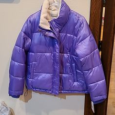 Sz L. Nwt Purple Long Sleeve Outerwear For Cold Weather, Long Sleeve Purple Outerwear For Cold Weather, Purple Winter Outerwear, Casual Purple Puffer Jacket, Hooded Purple Puffer Jacket For Winter, Purple Puffer Coat, Corduroy Puffer Jacket, Purple Faux Fur Winter Outerwear, Pink Puffer Jacket