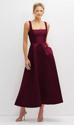 Burgundy Tea Length Dress, Burgundy A Line Dress, Elegant Holiday Dress, Elegant Fit And Flare Midi Dress With Straight Neckline, Modern A-line Midi Cocktail Dress, Midi Dress With Fitted Bodice For Dinner, Modern A-line Midi Dress For Formal Occasions, Classic A-line Midi Dress For Date Night, Formal Maxi Dress With Square Neck In Solid Color