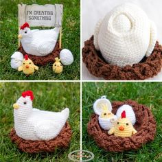 crocheted chicken and chick in nest with eggs on green grass next to sign that says i'm creating something