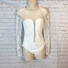 New With Tags Spring Sheer White Bodysuit, Sheer White Bodysuit For Spring, White Sheer Stretch Bodysuit, Lace Body Suit, Bell Sleeve Bodysuit, Cat White, Sheer Bodysuit, Floral Bodysuit, Pink Bodysuit