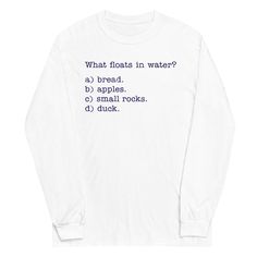 Not quite warm enough for a tee? This 100% cotton (heather colors contain polyester) long sleeved tee has you covered. Casual Long Sleeve T-shirt With Funny Text, Pre-shrunk Long Sleeve Tops For Fall, Casual Long Sleeve Pre-shrunk Shirt, Long Sleeve T-shirt With Text Print, White Long Sleeve T-shirt With Funny Text, White Long Sleeve Tops With Funny Text, Winter Graphic Long Sleeve T-shirt, Winter Graphic Tee With Long Sleeves, Winter Long Sleeve Graphic Tee