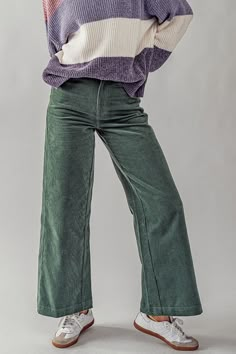 DescriptionThe Skyler Corduroy Pants feature: High-waisted with a wide leg A corduroy finish Practical pockets at front and back Ankle length A must-have for fall! SizeFits true to size. Model is 5'8" and is wearing size Small. Material100% Cotton Outfit Inspirations Cottagecore, Seafoam Green Clothes, Wide Green Pants Outfit, Cottagecore Fashion Pants, Green Jeans Outfit Winter, Corduroy Pants Outfit Aesthetic, Pants Cottagecore, Winter Pants Women, Green Jeans Outfit