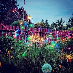 an outdoor garden with lights and decorations