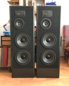 two speakers sitting next to each other on top of a hard wood floor in front of a bookshelf