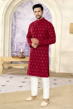 Reddish maroon full sleeves kurta crafted in silk with all over crescent bloom chikankari embroidery and sequin highlights. Paired with a pant. - Aza Fashions Chikankari Embroidery, Men Kurta, Kurta With Pants, Silk Embroidery, Full Sleeves, Mandarin Collar, Aza Fashion, Full Sleeve, Crescent