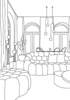 a black and white drawing of a living room with couches, chairs, tables and lamps