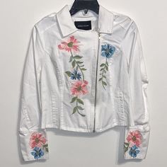 Nwt Jealous Tomato Embroidered Floral Jean Jacket. Size Medium. Great Condition With Tags. Color Is Off White With Gorgeous Floral Embroidered Detail. Size Front Zip In Front. Spring Embroidered White Outerwear, White Embroidered Spring Outerwear, Spring White Embroidered Outerwear, White Embroidered Outerwear For Spring, Spring Fitted Outerwear With Multicolor Embroidery, Fitted Embroidered Spring Outerwear, White Floral Embroidered Summer Outerwear, White Floral Embroidered Outerwear For Summer, White Floral Embroidery Summer Outerwear