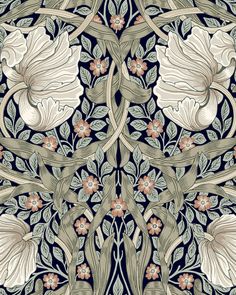 an intricately designed wallpaper with flowers and leaves on black, blue, pink and white colors