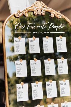 the seating chart for our favorite people is displayed on a gold frame with white cards