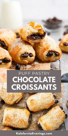 This Easy Puff Pastry Chocolate Croissants recipe is the answer to your breakfast in bed dreams!  Puff pastry is transformed into flaky and delicious croissants filled with melty chocolate chips.  Ready in under 30 minutes, it's a sweet and satisfying way to start your day Easy Breakfast Puff Pastry, French Chocolate Pastry, Chocolate Pastry Dough, Puff Pastry Breakfast Sweet, Brunch Pastries Easy, Homemade Breakfast Pastry, Puff Pastry With Custard Filling, Panera Chocolate Croissant Recipe, French Food Recipes Easy