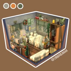 an animated view of a living room with furniture and plants on the table in front of it