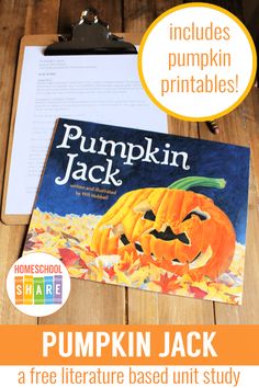 a pumpkin jack book is on the table next to a clipboard with text that reads,