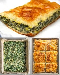 four different types of food in pans and one has spinach, cheese on top