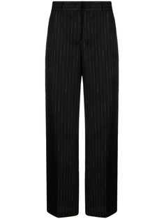 black white wool pinstripe pattern high-waisted pressed crease belt loops concealed front button fastening two diagonal pockets to the sides two rear welt pockets wide leg Pinstripe Pattern, Pinstriping Designs, Black Wide Leg Trousers, Black Wide Leg Pants, Wool Trousers, Pants Straight, Color Stripes, Black Wool, Wide Leg Trousers