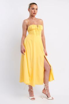 Euro Summer Split Hem Midi Dress Yellow Trip Outfits, Yellow Midi Dress, Euro Summer, Ruched Midi Dress, Pack Your Bags, Dress Yellow, Split Hem, Blue Jacket, Yellow Dress