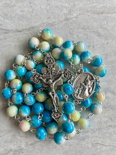 Handcrafted Catholic Prayer Blue Marbled Glass Beads Rosary - Etsy Blue Rosary With 8mm Beads And Crucifix, Blue Rosary With 8mm Beads In Cross Shape, Handmade Blue Rosary With Cross Shape, Handmade Blue Rosary With Cross, Rosary Making, Decade Rosary, Praying The Rosary, Catholic Images, Saint Michael