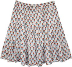 A tiny flower shower on a white three-tiered short skirt that also has a slightly crinkled effect.  This summer skirt is lined with cotton fabric on the inside and its volume, wider hemline, and all-over floral print give it character. #tlb #Crinkle #TieredSkirt #Floral #Printed #XLPlus #BeachSkirt #TieredSkirt #FloralSkirt White Tiered Cotton Skirt, White Bohemian Mini Skirt With Floral Print, Bohemian White Mini Skirt With Floral Print, Floral Print Cotton Tiered Mini Skirt, Cotton Floral Print Tiered Mini Skirt, White Floral Print Tiered Mini Skirt, White Tiered Mini Skirt With Floral Print, White Tiered Skirt With Floral Print, Flowy White Cotton Skirt