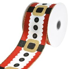 a roll of red and black christmas ribbon with gold dots on the border, featuring santa's belt