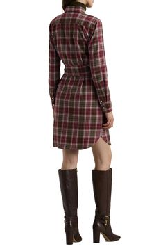 A removable tie belt cinches the silhouette of this plaid shirtdress framed by long sleeves and designed with signature branded buttons to elevate the look. Front button closure Spread collar Long sleeves with one-button cuffs Removable tie belt Chest button-flap patch pockets; side-seam pockets 100% cotton Machine wash, line dry Imported Classic Spread Collar Shirt Dress For Fall, Classic Fitted Plaid Dress For Fall, Classic Shirt Dress With Spread Collar For Fall, Classic Knee-length Plaid Dress, Classic Plaid Dress For Work In Fall, Classic Fall Button-up Shirt Dress, Plaid Button-up Shirt Dress For Work, Plaid Shirt Dress For Workwear In Fall, Plaid Shirt Dress For Fall Workwear