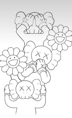 a drawing of flowers in a vase with two hands on the top and one hand holding something