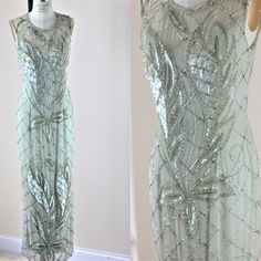 "This is very delicate. The silk on this is so delicate and beautiful and the beads and sequins are outstanding. This gown is a grayish mint color, a bit of green with a bit of gray..with silver and irredscent sequins. A beautiful piece. in Excellent vintage condition. completely cleaned and restored Measuring: 58\" length Bust: 38\" Waist: 30\" Hip: 38\" Pet Free/smoke free Enjoy!" Vintage Bridal Gown, Gatsby Party Dress, Sequined Gown, Beaded Party Dress, Bridal Gowns Vintage, Gown Vintage, Illusion Neckline, Vintage Bridal, Mint Color