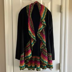 *Nwot* Boutique Multicolored Crochet Cardigan- Size Medium Black Black Bohemian Knit Cardigan, Bohemian Black Knit Outerwear, Black Bohemian Crochet Cardigan, Black Bohemian Knit Outerwear, Long Sleeve Outerwear With Crochet Trim For Fall, Casual Fall Outerwear With Crochet Trim, Fitted Fall Cardigan With Crochet Trim, Fitted Cardigan With Crochet Trim For Fall, Fitted Crochet Trim Cardigan For Fall