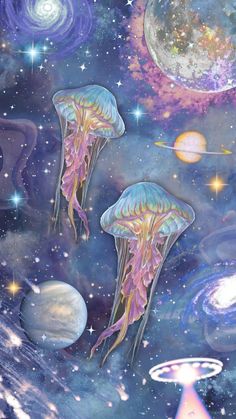 two jellyfishs floating in the ocean surrounded by planets and stars, with an alien like background