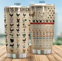 two stainless steel tumblers with chickens on them and the names of their favorite breeds