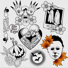 various halloween tattoos on a white background