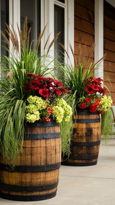 three wooden barrels filled with flowers and grass