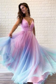 Ombre Long Prom Dress A-line V-neck Beaded Graduation Gown Gaun Koktail, Ombre Prom Dresses, Graduation Gown, V Neck Prom Dresses, Cute Prom Dresses, Long Prom Dresses, Beauty Dress, Chiffon Prom Dress