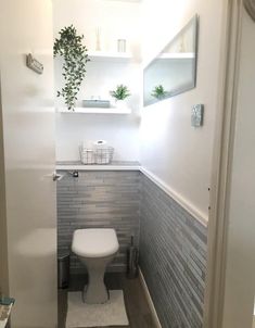 a small bathroom with a toilet and plants on the shelves above it's tank