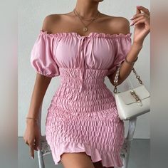 Condition: Nwt Never Worn Details: Frill, Ruffle Hem, Shirred, Tie Front, Ruched Bust Neckline: The Shoulder Color: Pink Style: Boho Fit Type: Slim Fit Fabric: Non-Stretch Material: Fabric 100% Polyester Sheer: No Size: Small Boho Fits, Beachwear Fashion, Shein Dress, Short Dresses Casual, Pink Boho, Lovely Clothes