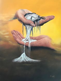 a painting of two hands holding a clock with dripping water coming out of the top