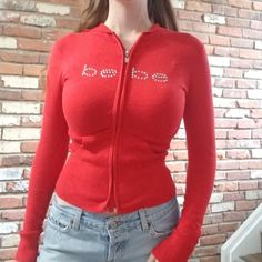 Rare Vintage Formfitting Bebe Rhinestones Zip-Up Sculpting Hoodie Tagged Medium Casual Long Sleeve Outerwear With Rhinestones, Winter Long Sleeve Outerwear With Rhinestones, Winter Rhinestone Long Sleeve Outerwear, Bebe Jacket, Thrift Finds, Jacket With Hood, Red Vintage, Colorful Hoodies, Casual Hoodie