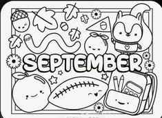 a coloring page with the word november written in black and white, surrounded by school supplies