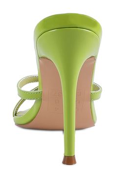 Step out in this mesmorizing stiletto sandal fronted by a pointed toe pad and topped with glossy straps. 4" heel Synthetic upper, lining and sole Imported Party Heels With Double Strap And 4-inch Heel, Sleek Double Strap Party Heels, Double Strap 4-inch Heels For Party, Strappy Pointed Toe Synthetic Heels, Pointed Toe Heels With Straps In Synthetic Material, Green Strappy Heels For Formal Occasions, Synthetic Pointed Toe Heels With Straps, Synthetic Heels With Straps And Pointed Toe, Party Heels With Double Straps