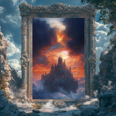 an image of a castle in the sky with clouds and sun coming out from behind it